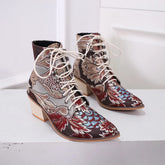 Vintage Mid Heel Floral Embroidery Lace Up Shoes