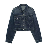 Heart Shape Pocket Retro Style Blue Denim Jacket Pant Set