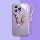 Flat 3D Butterfly Pattern Glass Cover for iPhone Floral Butterfly Pattern Case for iPhone 12 13 14 15 Girly Phone Cases Protective Cover