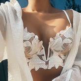 Französischer Spitzen-BH Push-Up Dessous Stickerei Bralette Unterwäsche Weiblicher dünner tiefer V-Büstenhalter Transparenter Büstenhalter