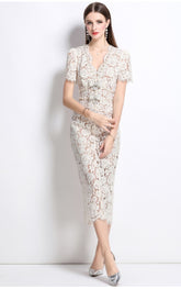 Elegant Lace Party Dress Short Sleeve Slim Waist Dress