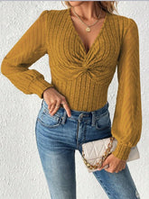 Lantern Sleeve V-Neck Knitted Top