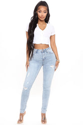 Tabitha Mid Rise Ripped Skinny Jeans - Light Blue Wash