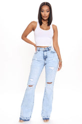 The Wait Is Over Ripped Flare Jeans - Acid Wash Blue