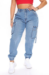 Stayin' Ready Stretch Cargo Denim Joggers - Medium Blue Wash