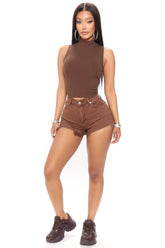 Vacay High Waist Cut Off Denim Shorts - Brown