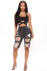 Turn Around Ripped Bermuda Shorts - Grey