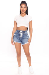 Up And At 'Em Lace Up Denim Shorts - Medium Blue Wash
