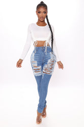 Yes Now Distressed Skinny Jeans - Medium Blue Wash