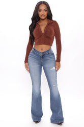 V Good Distressed High Rise Flare Jeans - Medium Blue Wash