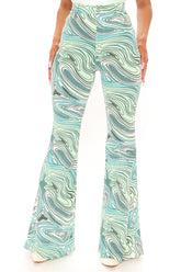 Too Groovy Swirl Print Flare Jeans - Green/combo