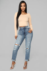 Teisha Distressed Boyfriend Jeans - Medium Blue Wash