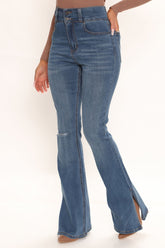That's Hot Sculpting Split Hem Flare Jeans - Medium Blue Wash
