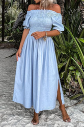 Einfarbige Kleider mit Schlitz und schulterfreiem Taillenrock