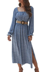 Midikleid mit eckigem Kragen, Blumenmuster und Schlitz