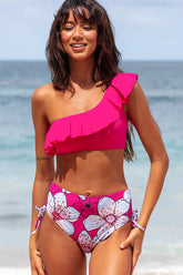 One Shoulder Drawstring Side Ruffled Bikini Set
