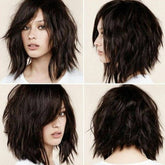 perruque courte bouclée à frange oblique et couvre-chef