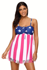 Maillot de bain tankini à bretelles spaghetti et pompons drapeau américain