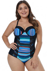 Maillot de bain une pièce grande taille à rayures noires et bleues et patchwork