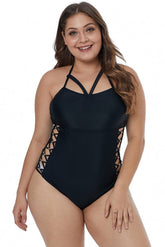 Black Crisscross Hollow-out Side Plus Size One Piece Swimwear