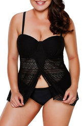 Schwarzer Push-Up-Tankini-Badeanzug aus Spitze mit Bügeln