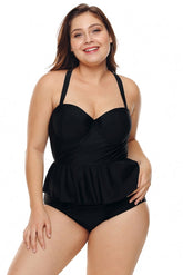 Black Moulded Cups Peplum High Waist Plus Size Bikini Set