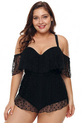 Black Off Shoulder Mesh Sheer Plus Size One Piece Swimsuit