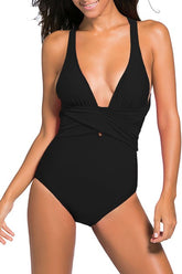 Schwarzer, selbstzubindender Badeanzug mit überkreuzten Trägern am Rücken