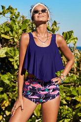 Blau bedruckter 2-teiliger Badeanzug mit Volant und hoher Taille