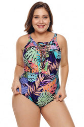 Colorful Tropical Jungle Crisscross Plunge V Neck Plus One Piece Swimwear
