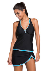 Contrast Blue Trim Black Halter Tankini Skort Swimsuit