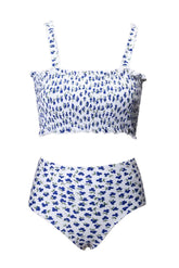 Maillot de bain taille haute à smocks et fleurs blanches