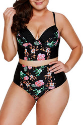 Black Floral Push Up High Waist Bikini Swimsuit