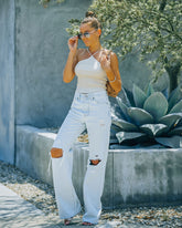 Glattes, geripptes Neckholder-Crop-Top - Creme