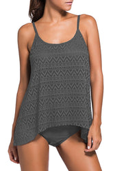 Grey Lace Overlay Spaghetti Straps Tankini Swimsuit