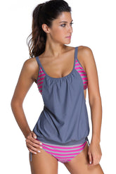 Maillot de bain tankini gris à rayures superposées avec slip triangulaire