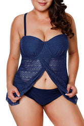 Marineblauer Push-Up-Tankini-Badeanzug mit Spitzeneinsätzen und Bügeln