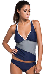 Maillot de bain tankini rembourré à col en V et blocs de couleurs bleu marine et gris