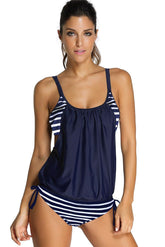 Maillot de bain tankini deux pièces rayé bleu marine à superpositions