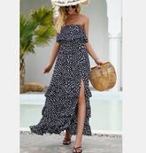 Robe mi-longue à volants et smocks fleuris Wonderstruck - Bleu marine