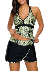 Olive White Spots Halter Tankini Wrapped Skirt Swimsuit