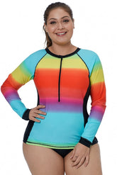 Ombre Color Block Long Sleeve Rash Guard Top