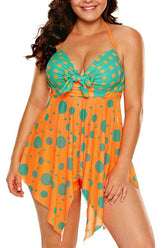 Orange-grünes gepunktetes Taschentuch-2-teiliges Tankini-Set
