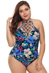 Plus Size High Neck Hollow Out Floral Teddy Swimwear