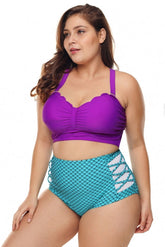 Maillot de bain taille haute violet bleu à détails festonnés grande taille