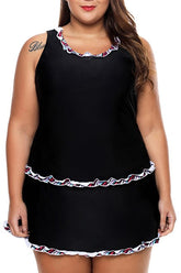 Plus Size Ruffle Trim Black Active Tank Top and Skort Swimsuit