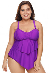 Maillot de bain deux pièces violet à volants et détails plissés grande taille