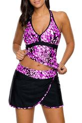 Purple White Spots Halter Tankini Wrapped Skirt Swimsuit
