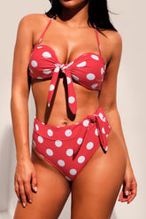 Red White Polka Dot Print Bow Tie Halter Hight Wait Bikini Set