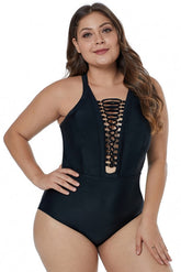 Solid Black Crisscross Plunge V Neck Plus One Piece Swimwear